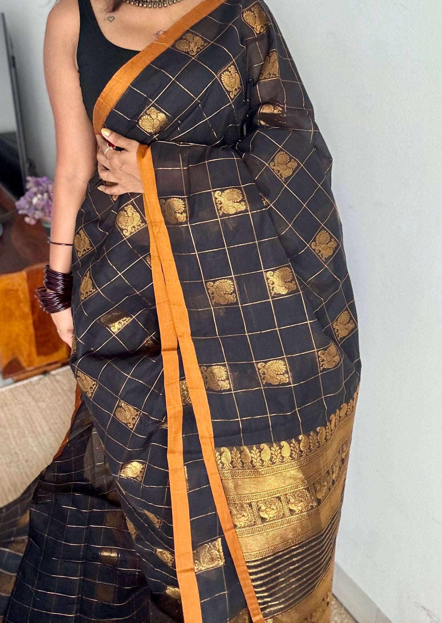 Black dual tone checks with peacock motifs, kanchi cotton saree - YCCOTNKCFE336