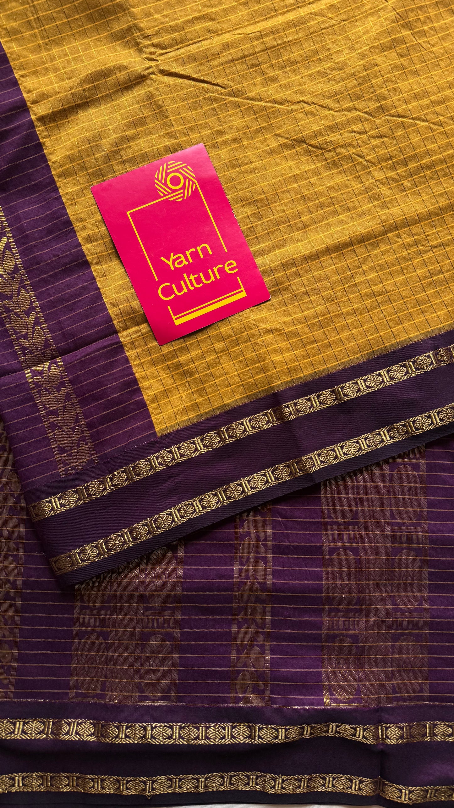 Yellow with wine contrast arani checkered saree, cotton silk - YCCOTNMA278