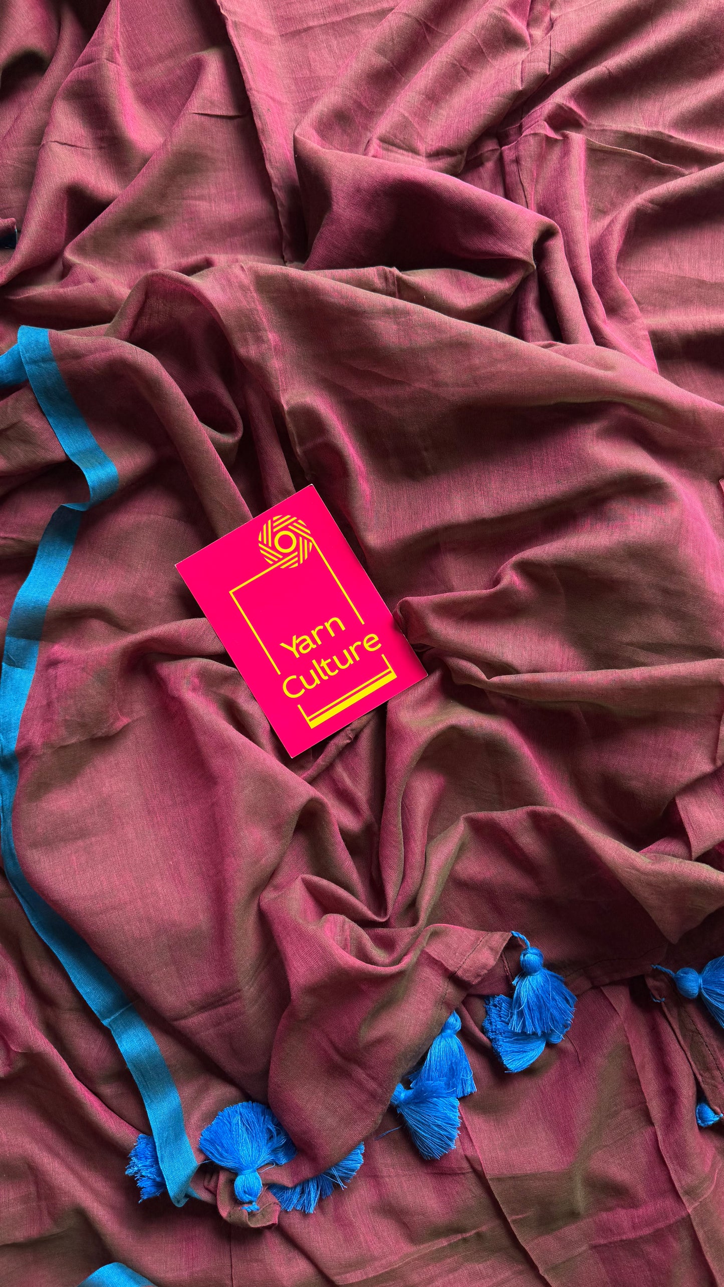 Terracotta brown with pink double shade and a persian blue border mul cotton saree - YCBCMCFE230