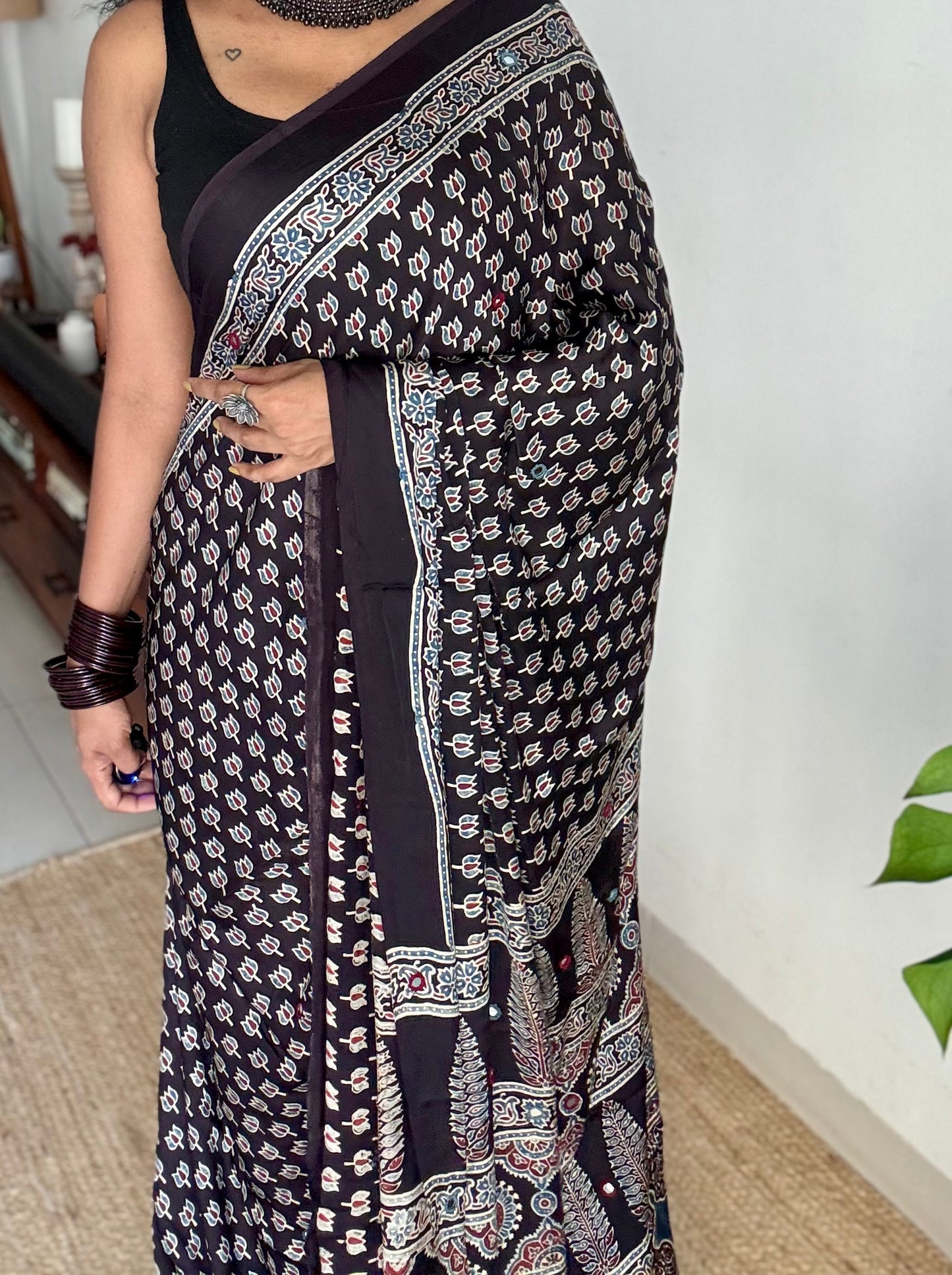 Black pure modal silk saree with ajrakh handblock print and mirror work - YCTOKAJM337