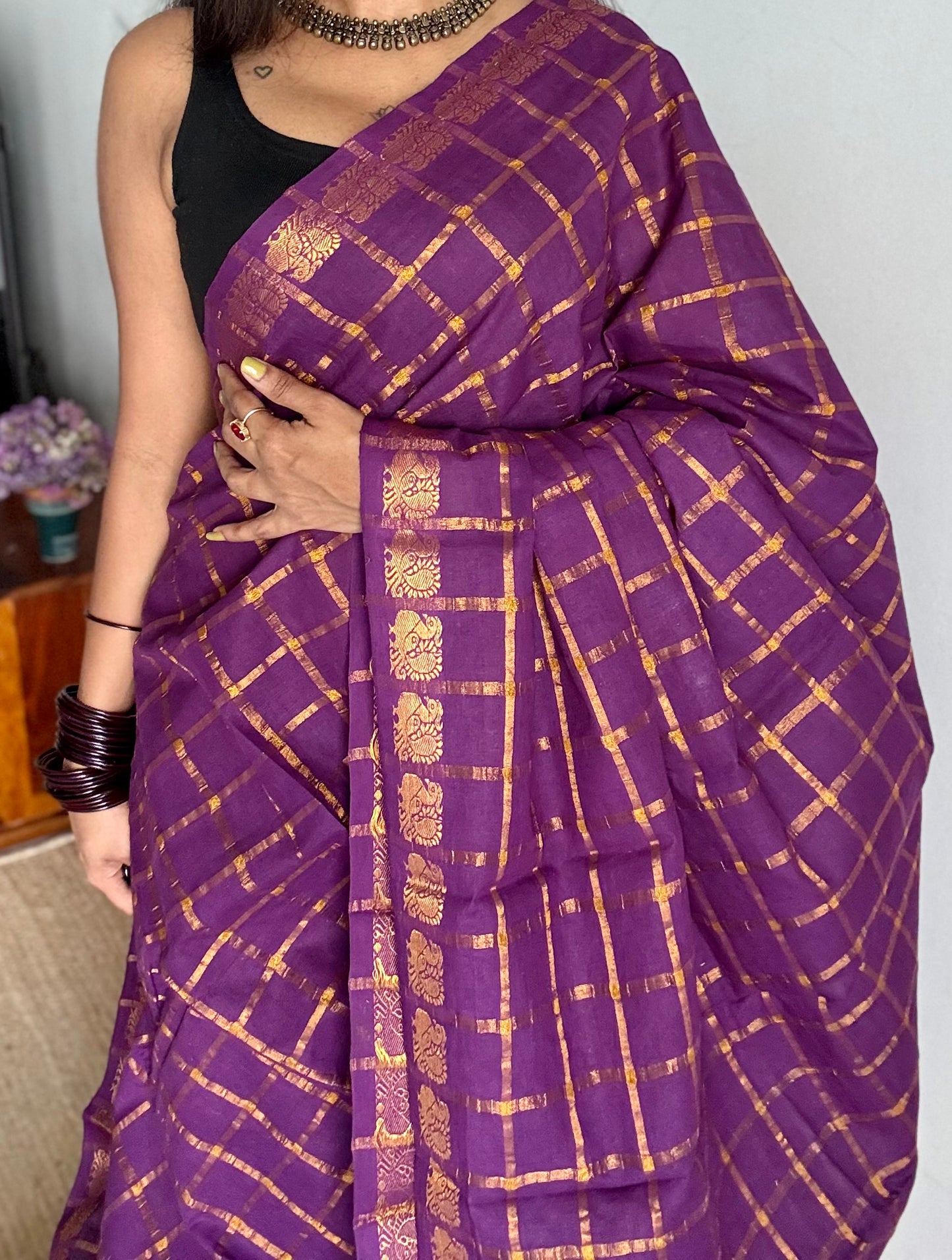 Purple pavithra kattam kattuchayam dyed madurai cotton saree - YCCOTNMSFE140
