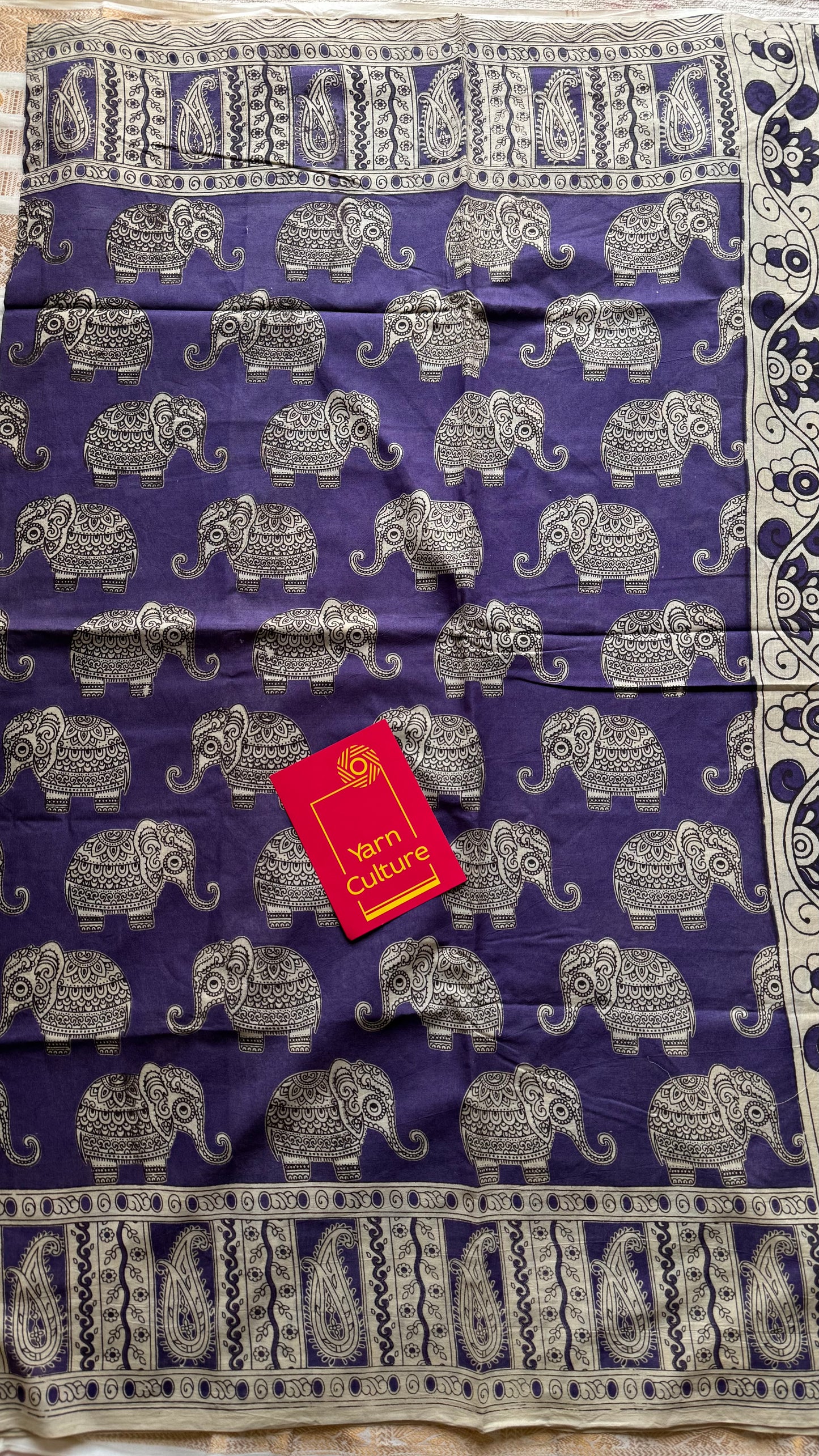 Purple kalamkari saree, elephant motifs, soft cotton - YCWOTDMA351