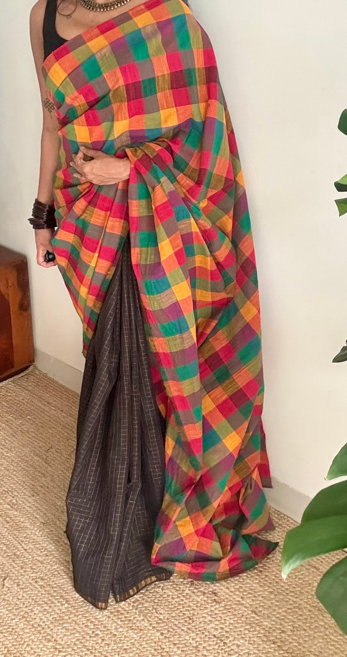 Black with multicoloured checks, cotton half-half saree - YCCOTNIDOC42