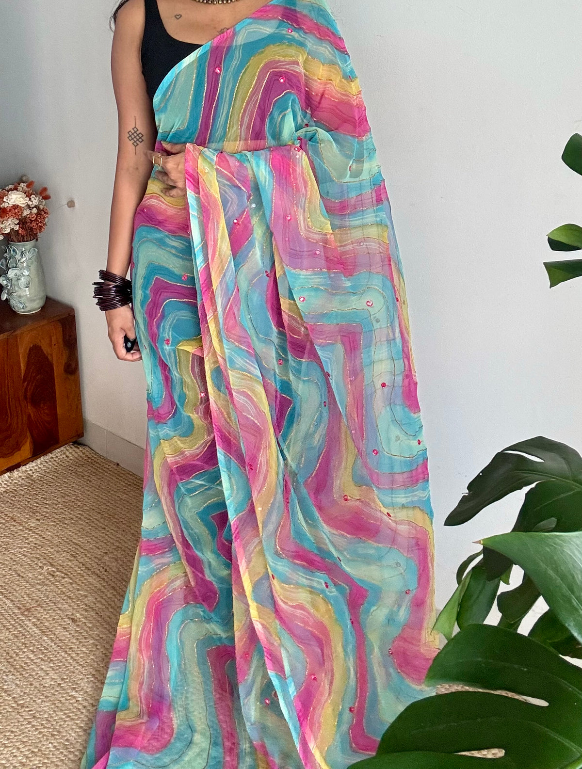 Blue multicoloured leheriya chiffon saree with mirror work  - YCTORLOC94