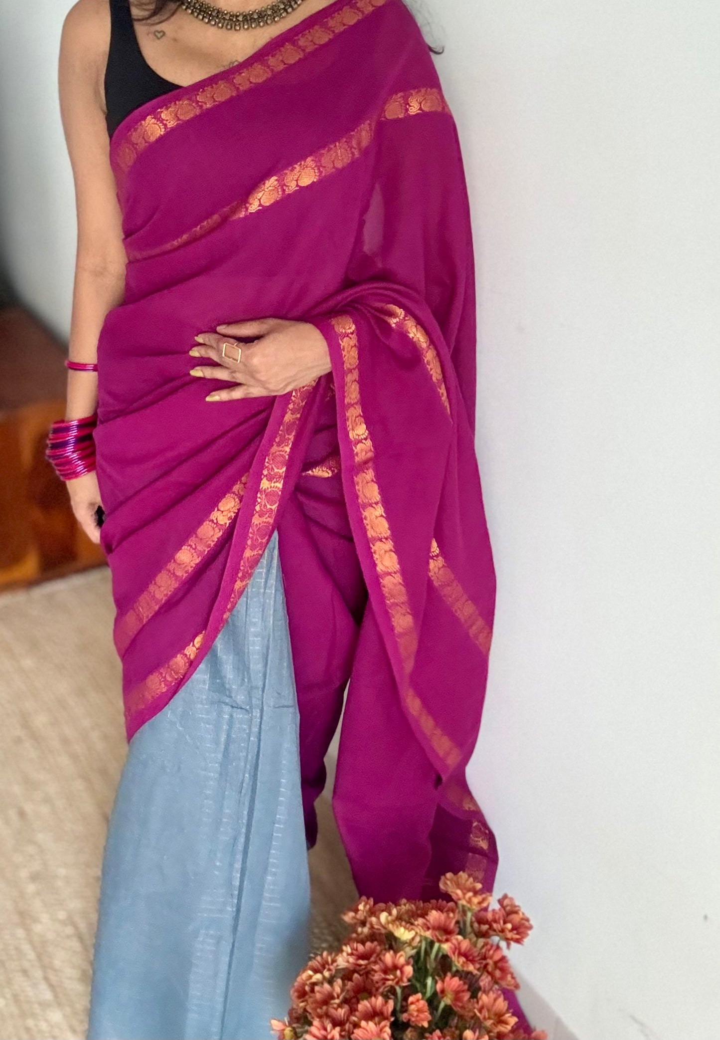 Mallinila (மல்லிநிலா): vaadamalli purple pink with grey, sungudi cotton - YCENOID13