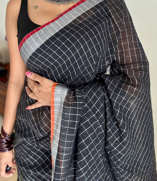 Black linen by cotton saree, silver checks & zari pallu - YCBCLCAP55