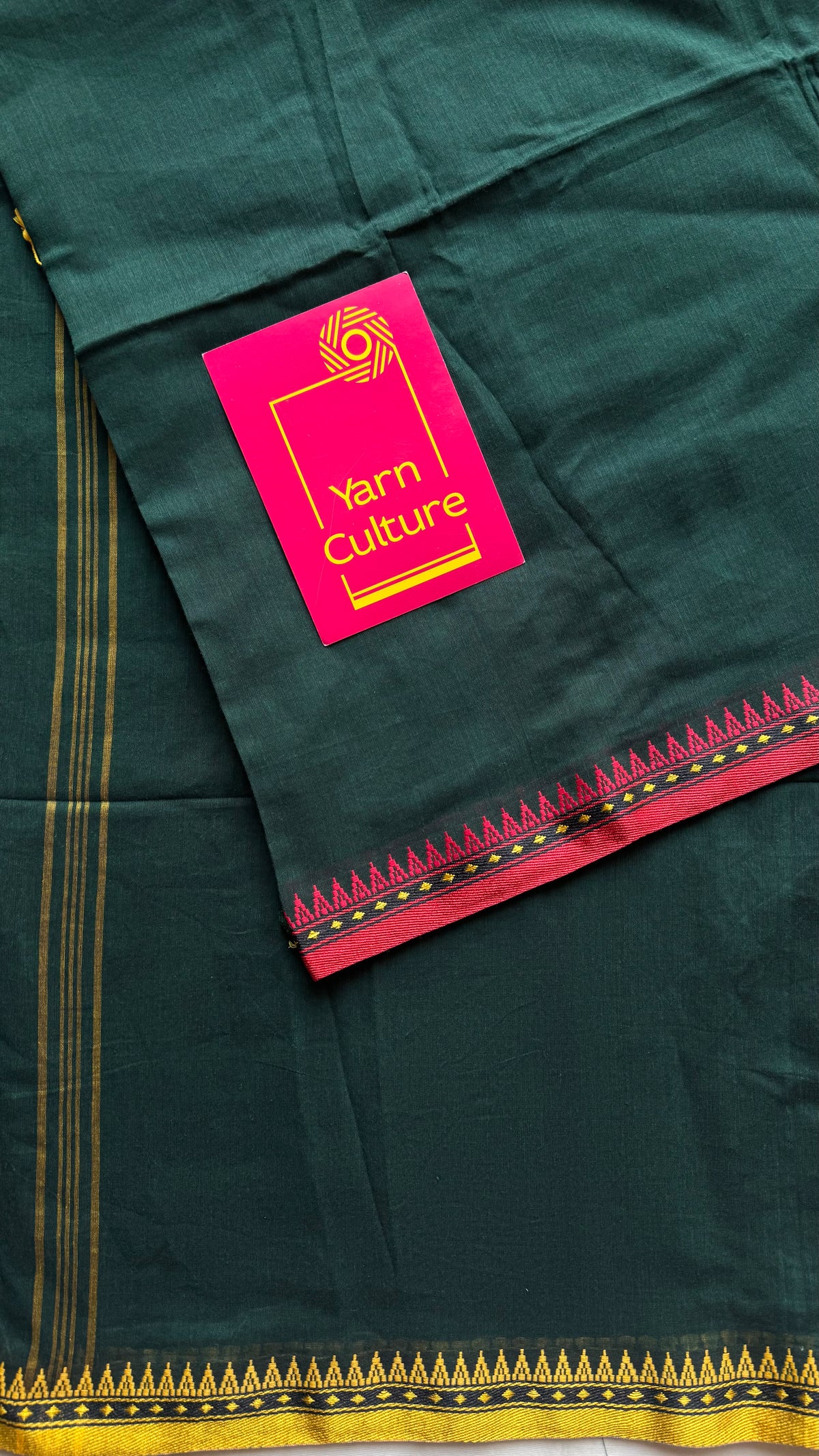 Handloom Bengal soft cotton saree, dark green with yellow and red woven dual tone borders - YCBCMCSE41