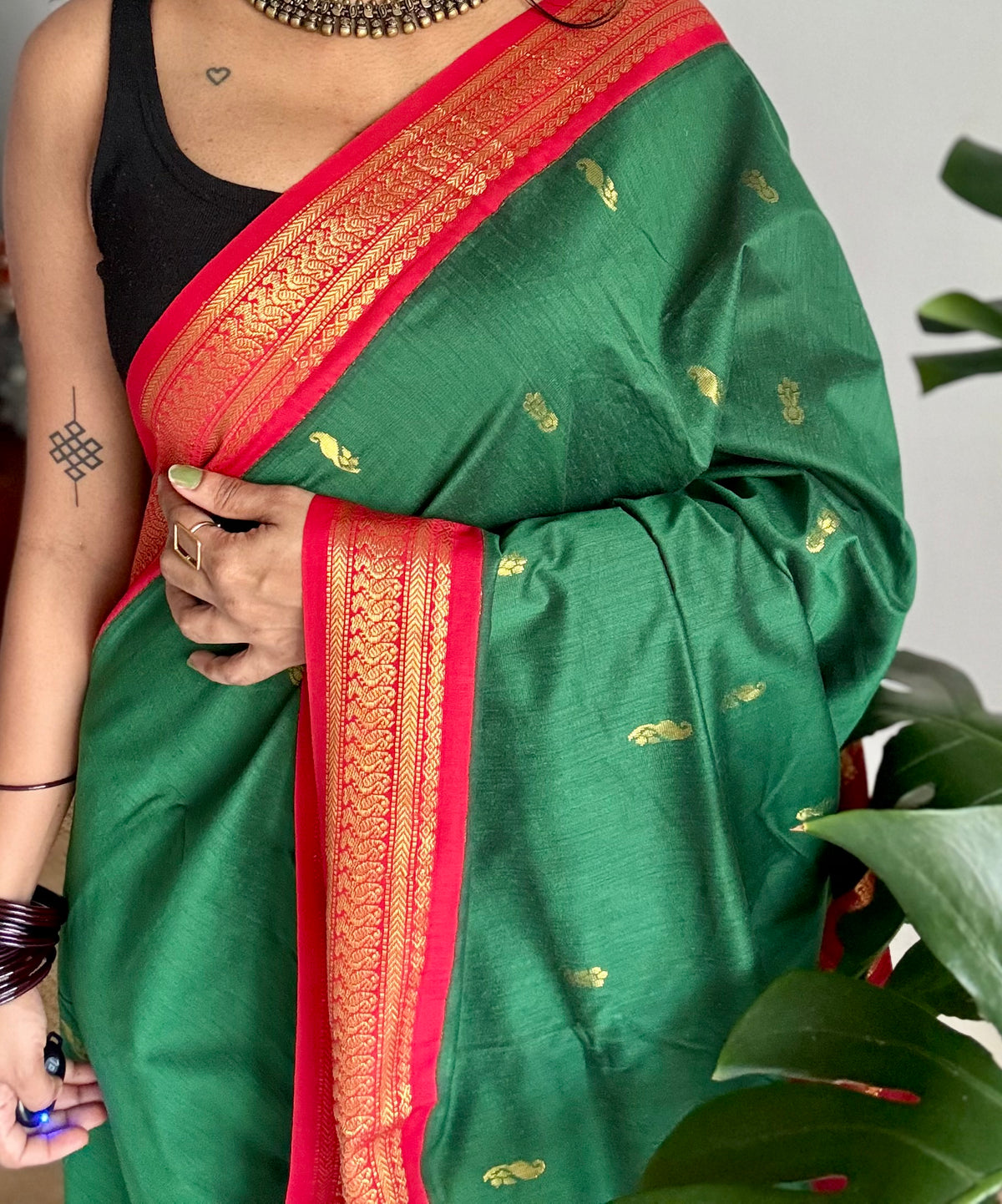 Green with red, cotton silk saree with zari border - YCCOTNKCOC108