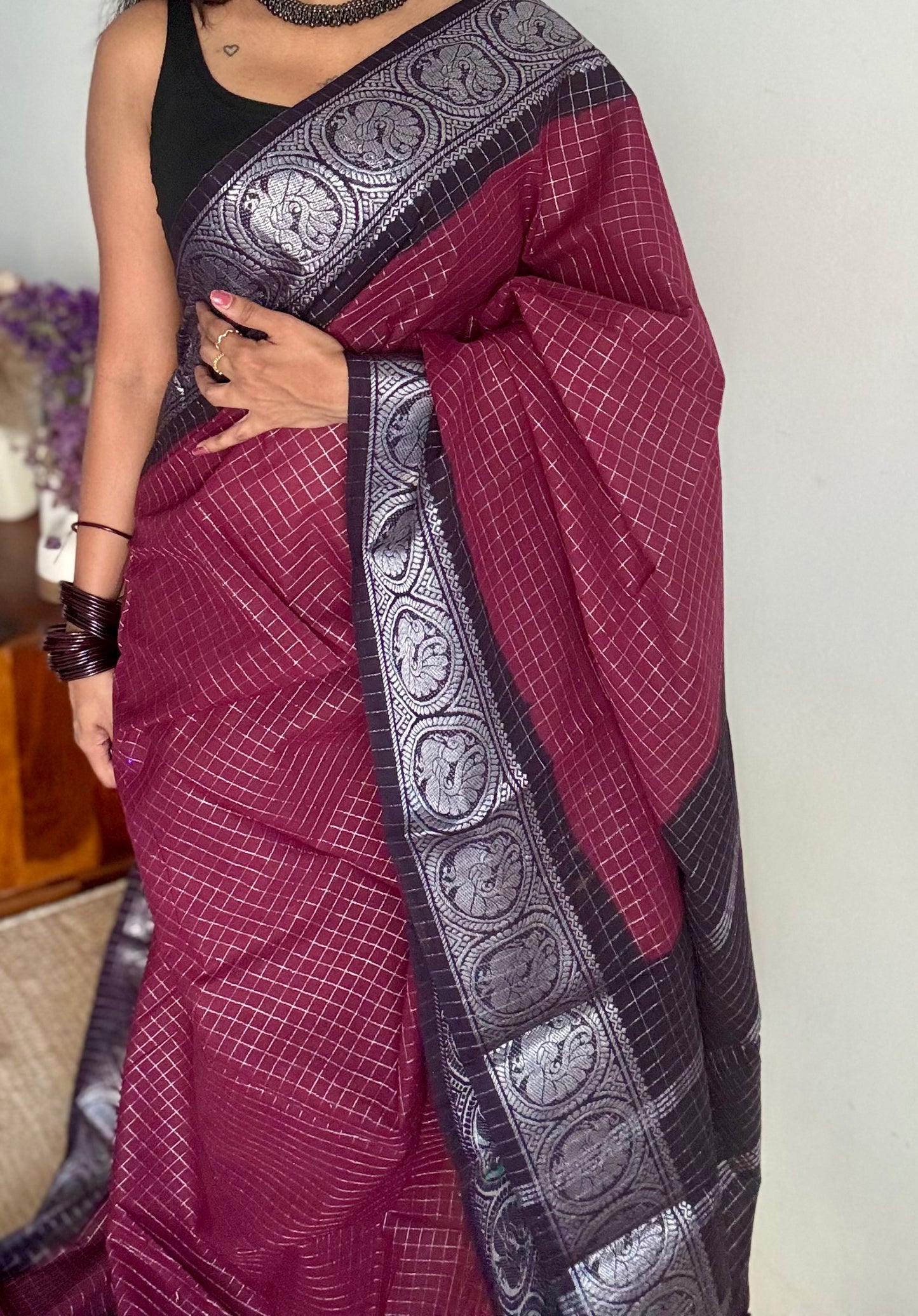 Dark wine with black, silver zari checkered sungudi, kattuchayam dyed madurai cotton - YCCOTNMSAP103