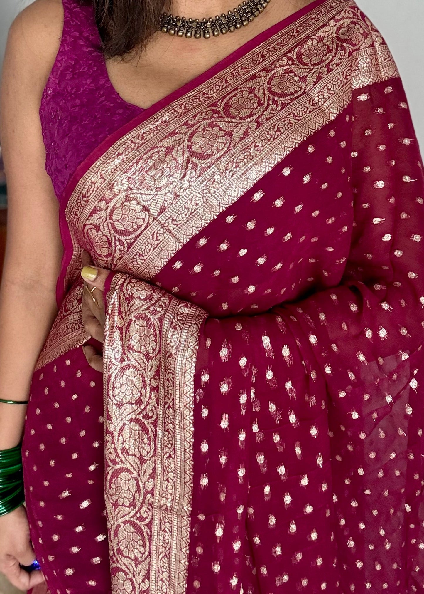 Ruby red viscose georgette saree with zari motifs - YCDOSFE203