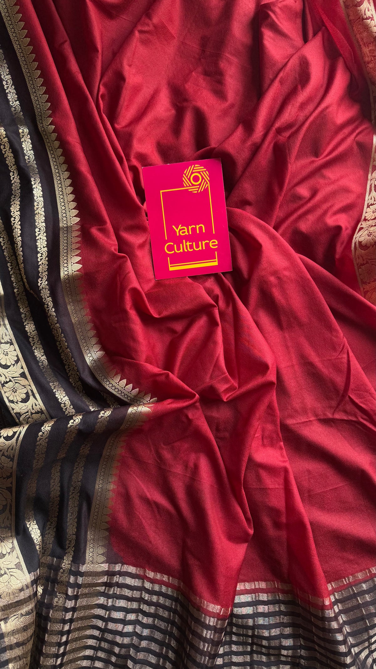 Maroon and black, semi crepe silk saree with antique gold border - YCLOKOC50