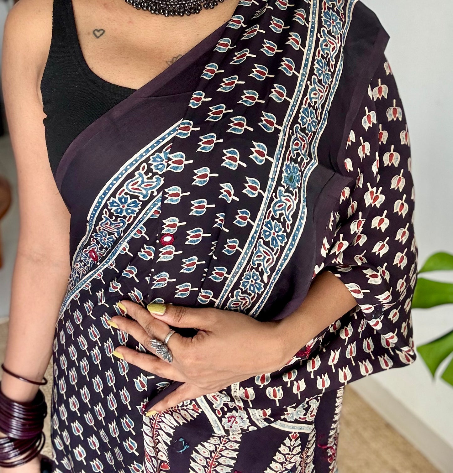 Black pure modal silk saree with ajrakh handblock print and mirror work - YCTOKAJM337