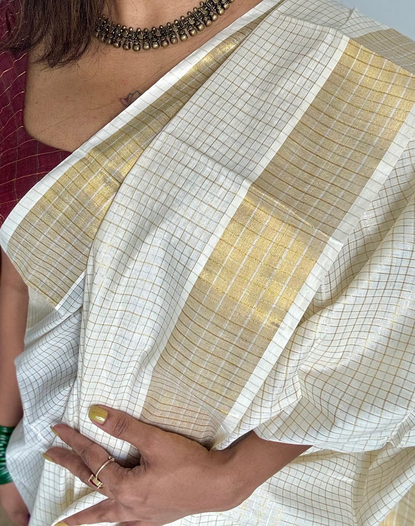 Ivory Kerala tissue cotton saree with silver and gold checks - YCIEKCFE308