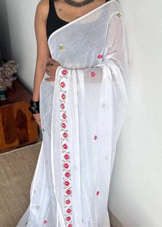 White with lotus embroidery, mul cotton - YCBCJULSC03