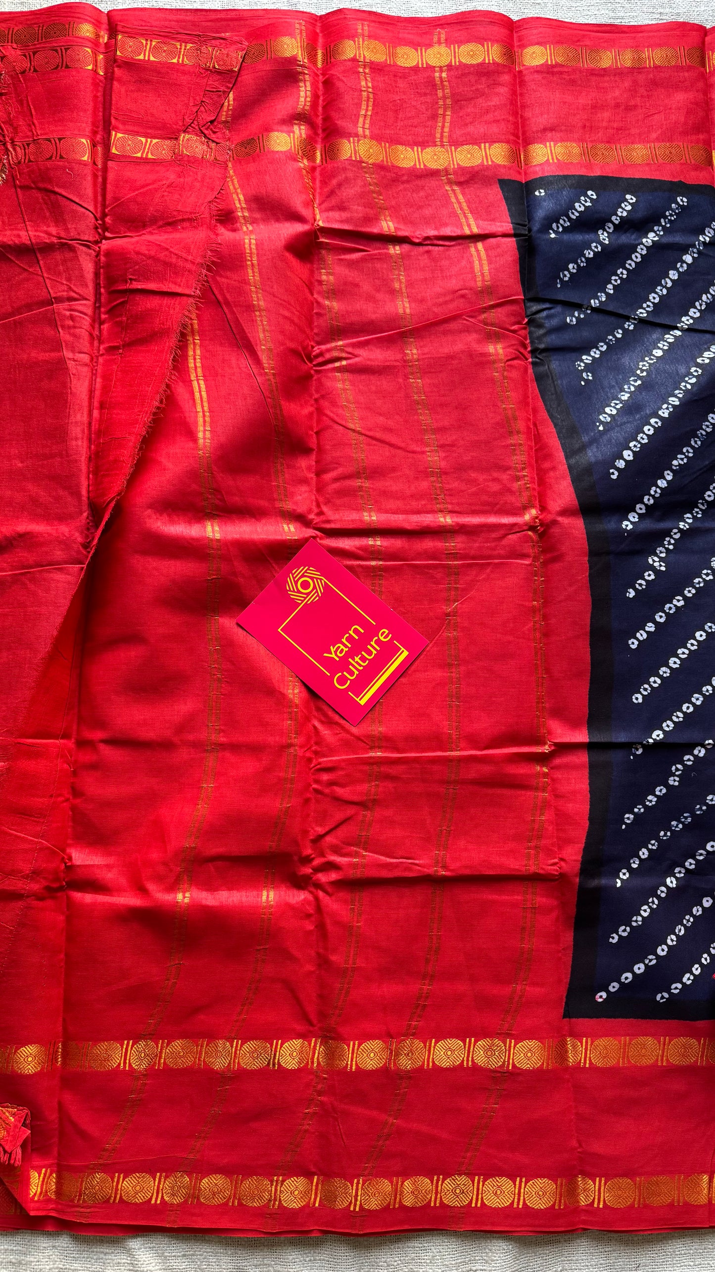 Dark navy blue with chilli red printed sungudi, madurai cotton - YCCOTNSUDE103