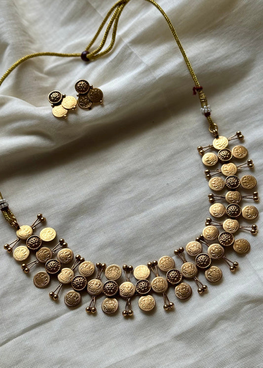 Antique gold three layered coin choker neckpiece, with earrings  - YCAGNP260