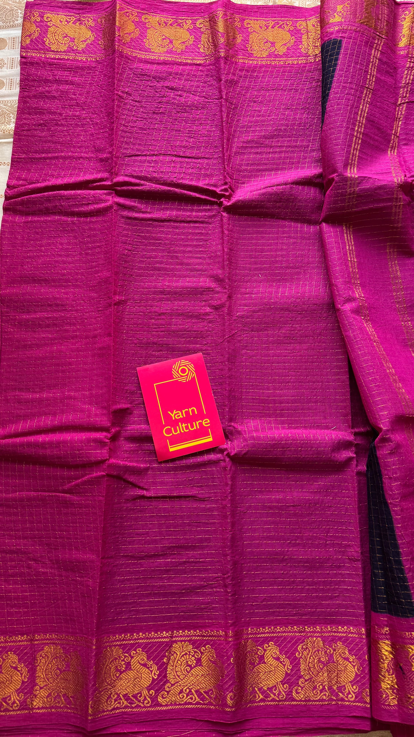 Dark blue with hot pink contrast zari checkered sungudi, kattuchayam dyed madurai cotton - YCCOTNMSAP194