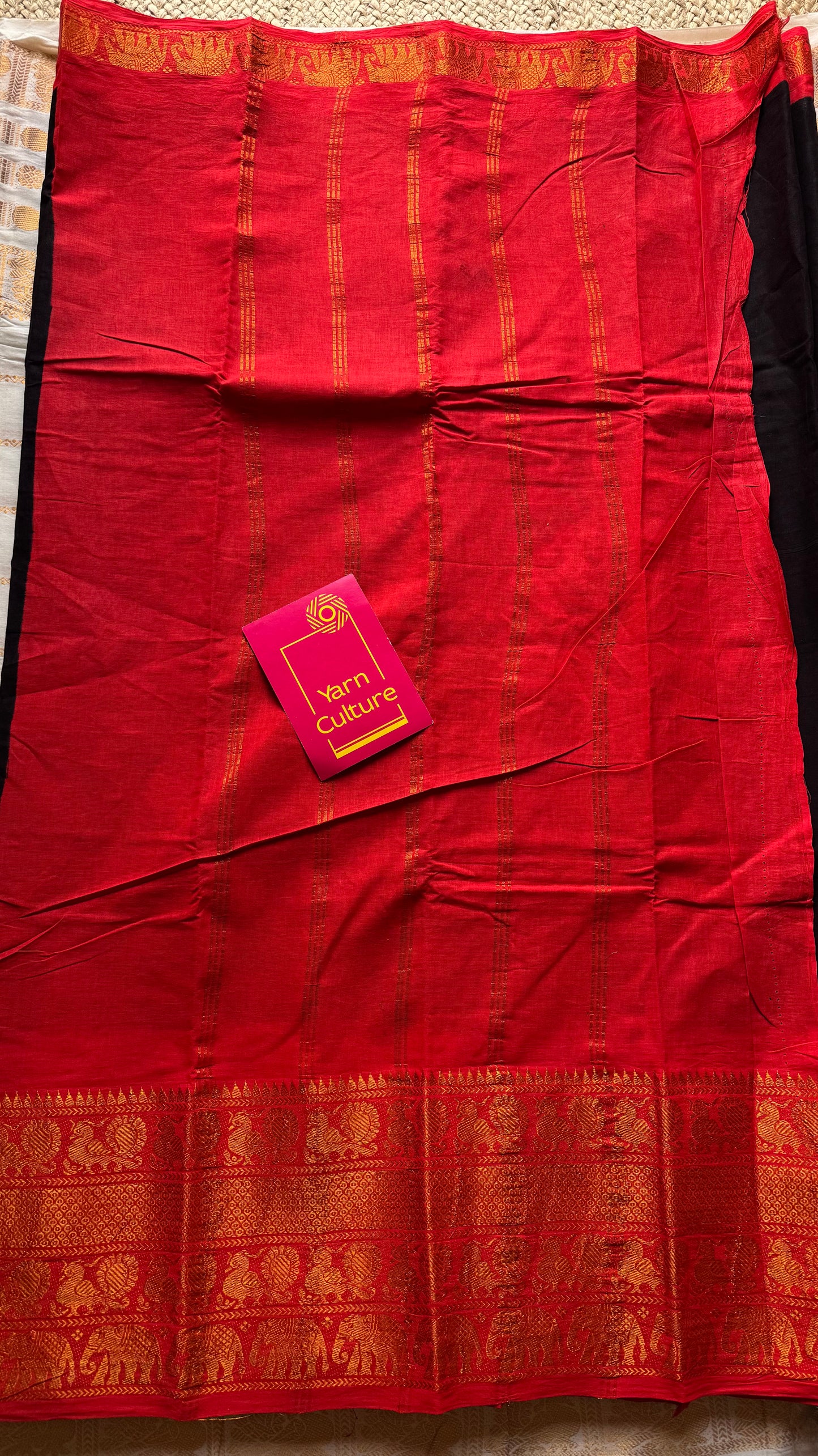 Black long border sungudi saree with chilli red contrast, kattuchayam dyed madurai cotton - YCCOTNMA252