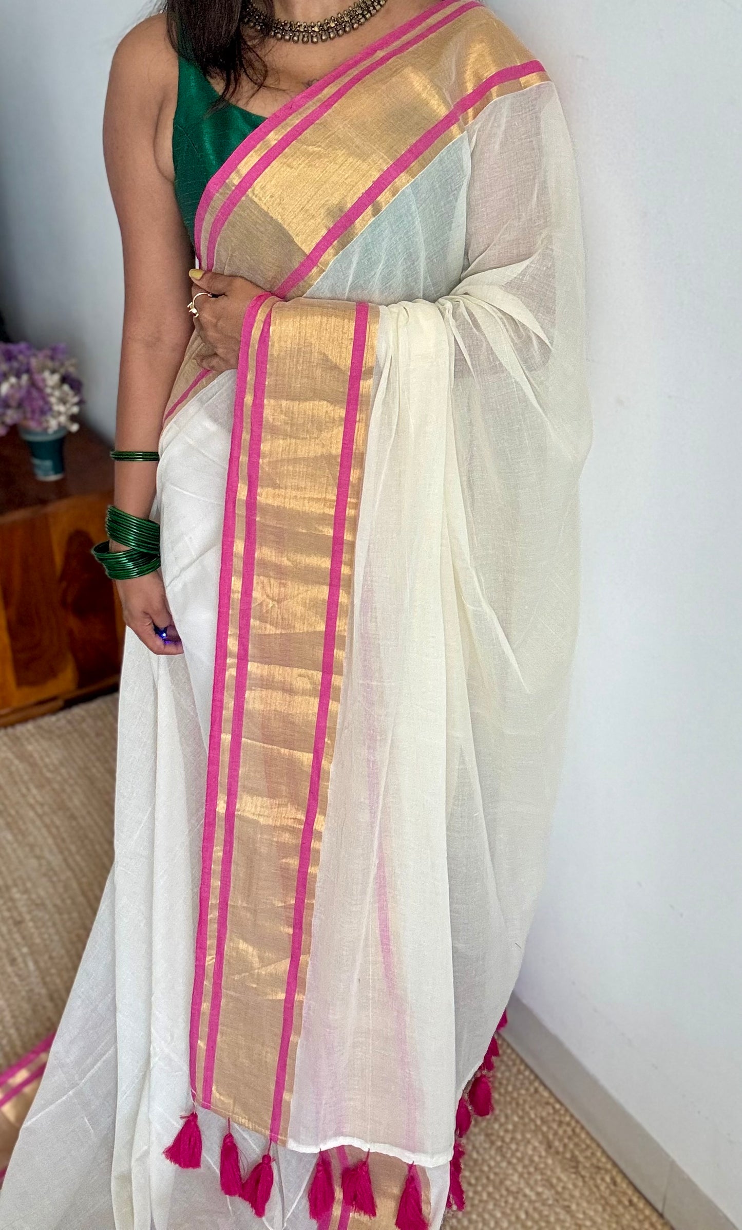 Ivory mul saree with gold zari border with hot pink highlights - YCIEBCFE326