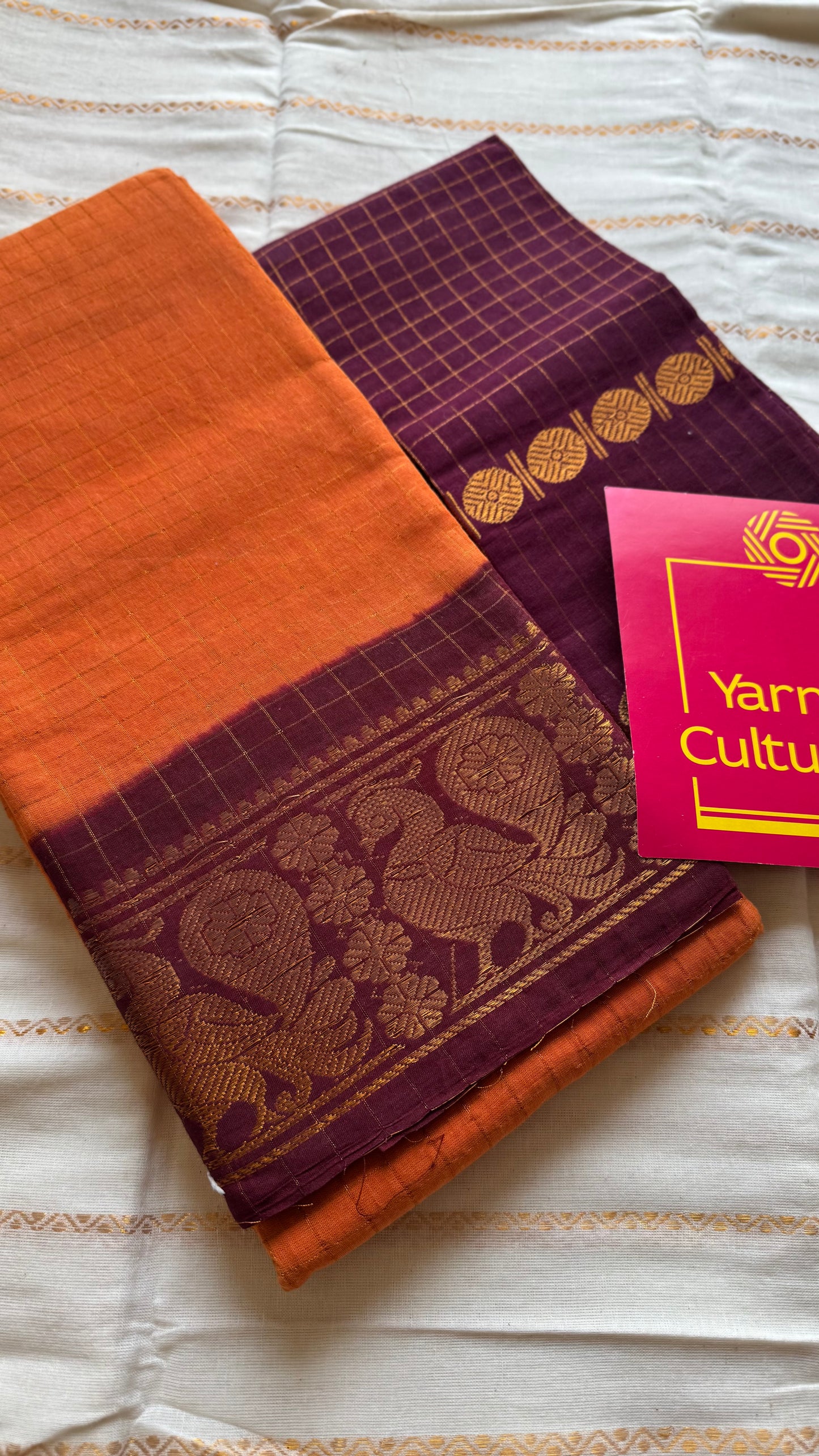Orange with maroon contrast zari checkered sungudi, kattuchayam dyed madurai cotton - YCCOTNMSAP161