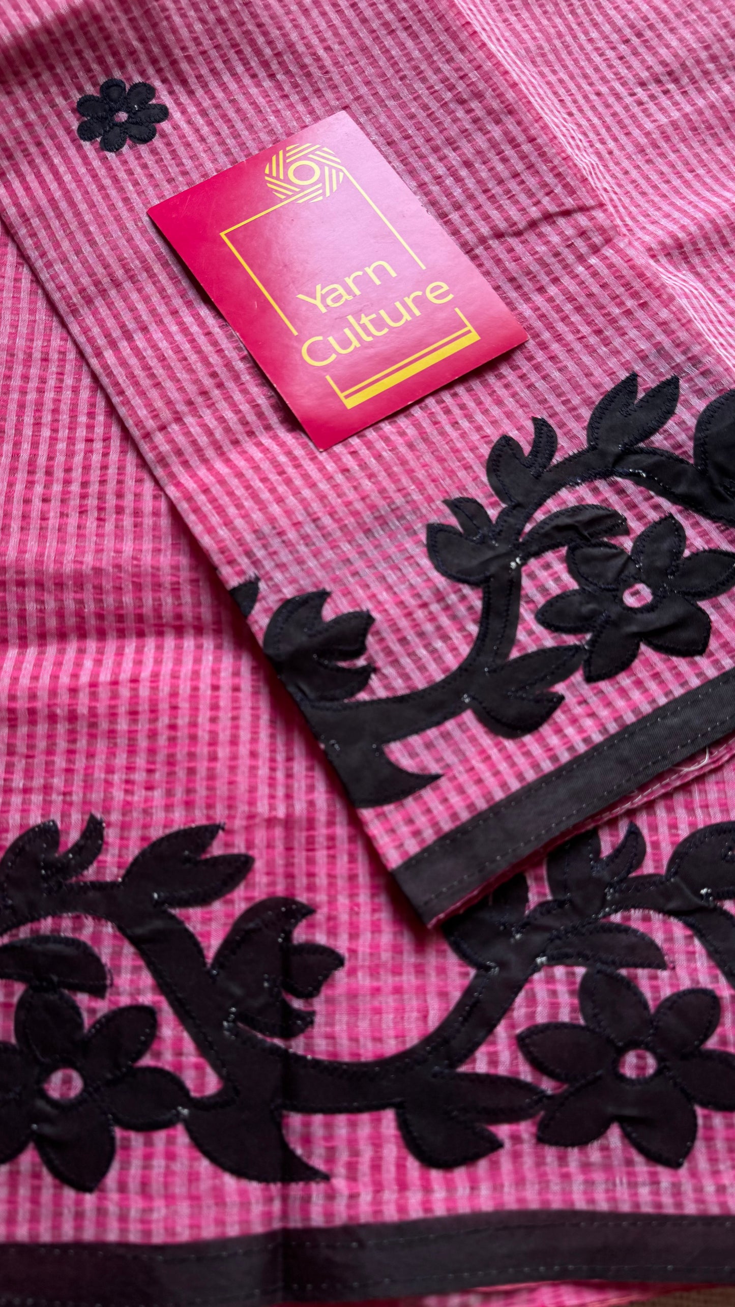 Gulaabi Drama - pink kota saree with black floral cut work - YCTORKDAP17