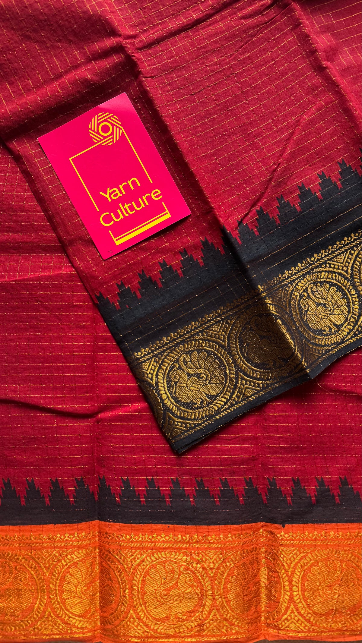 Sungudi cotton checks, red base, orange and black dual tone border, soft cotton - YCCOTNMSSE12