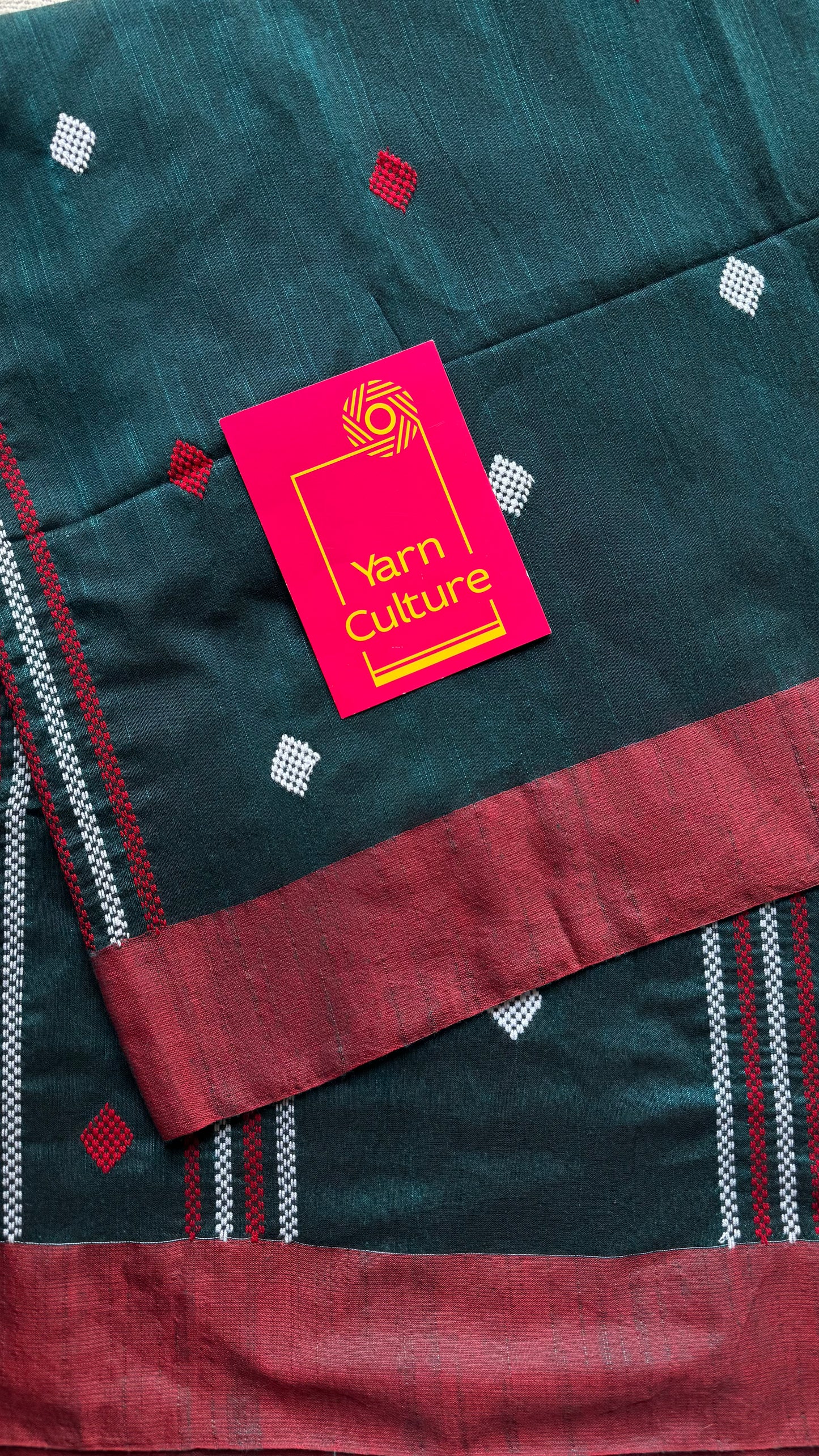 Peacock green with burnt red, soft khadi cotton with woven motifs - YCBCKCDE27