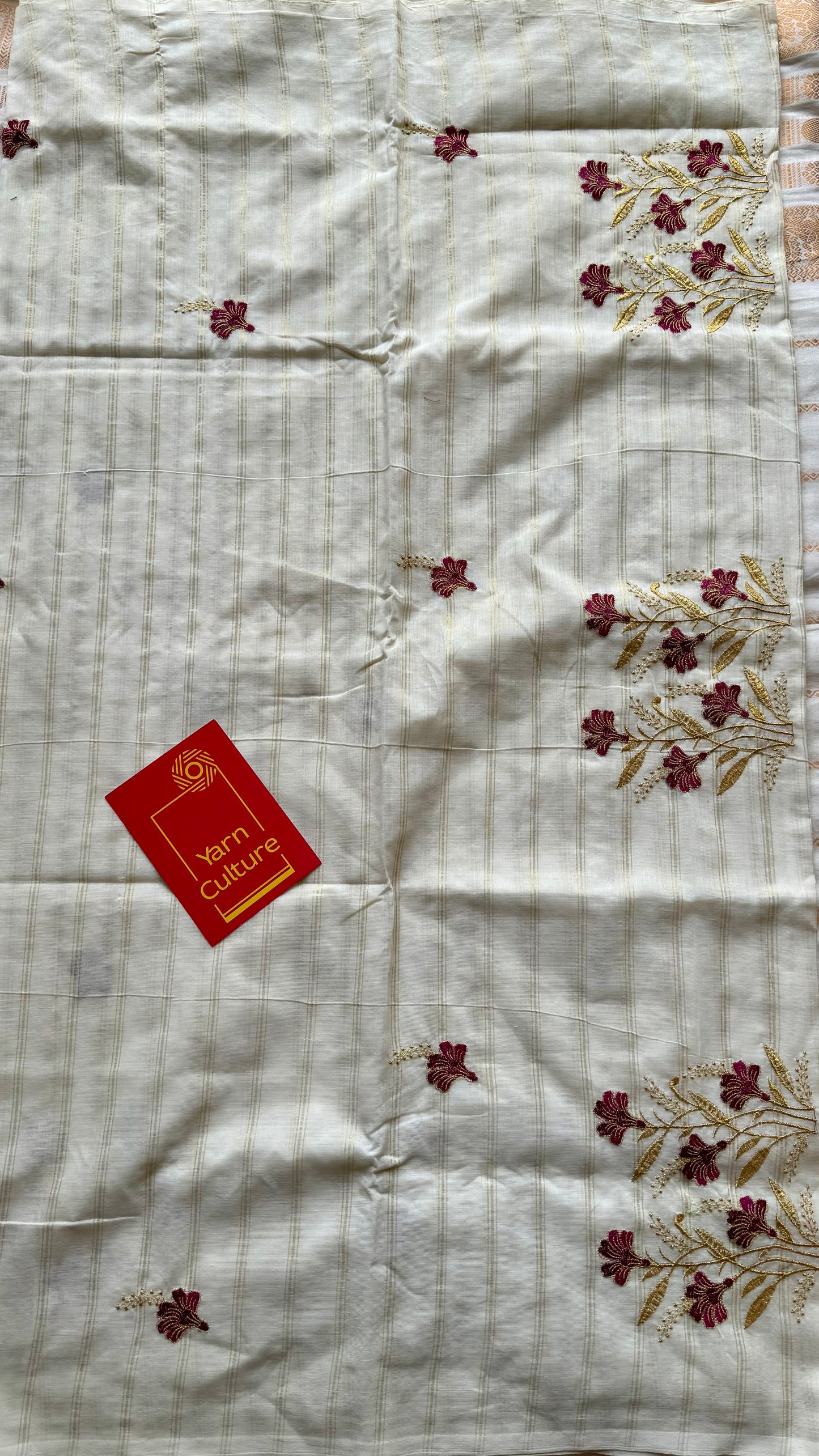 Ivory and gold soft cotton saree, maroon floral embroidery  - YCIEON50