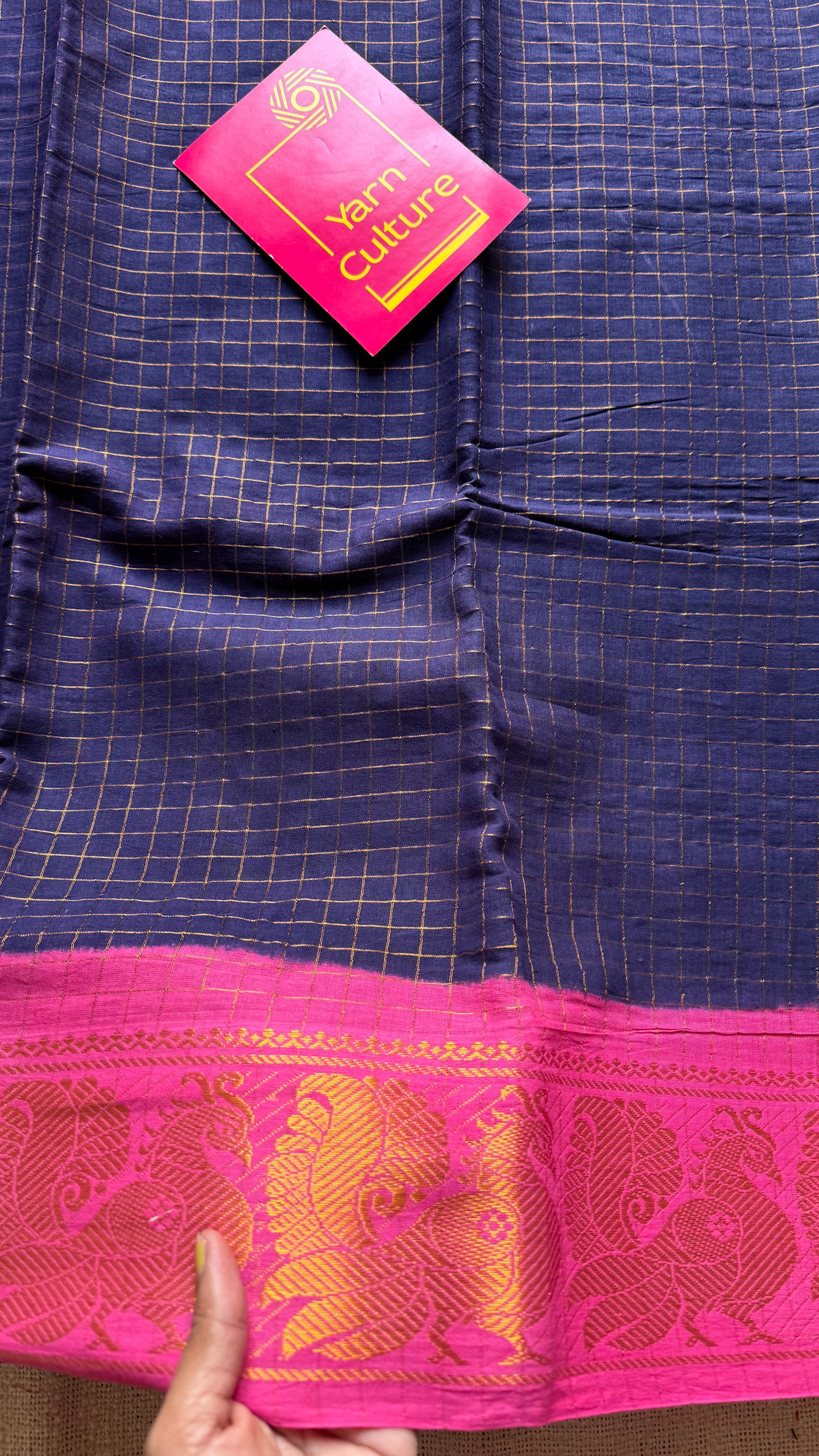 Navy blue with pink contrast, zari checkered sungudi, kattuchayam dyed madurai cotton - YCCOTNMSFE331