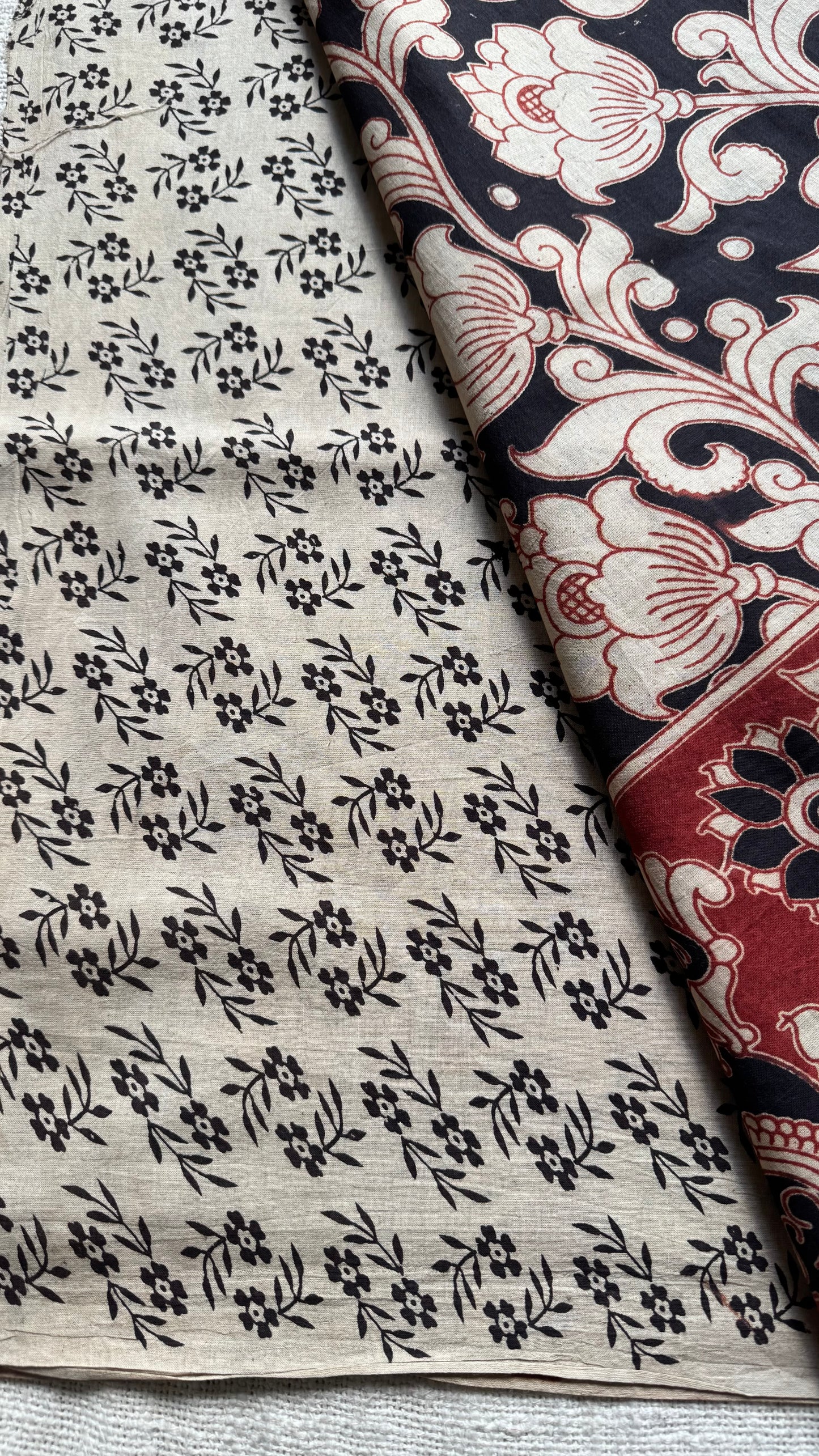 Black with beige and brick red kalamkari, floral vines, soft cotton - YCWOTDOCMP85