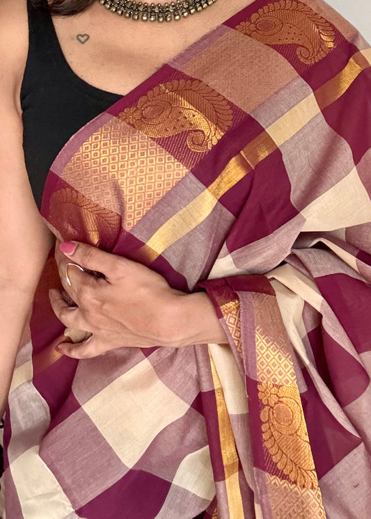 Chettinad cotton saree with cream and maroon checks, paisley motif border - YCCOTNAP63