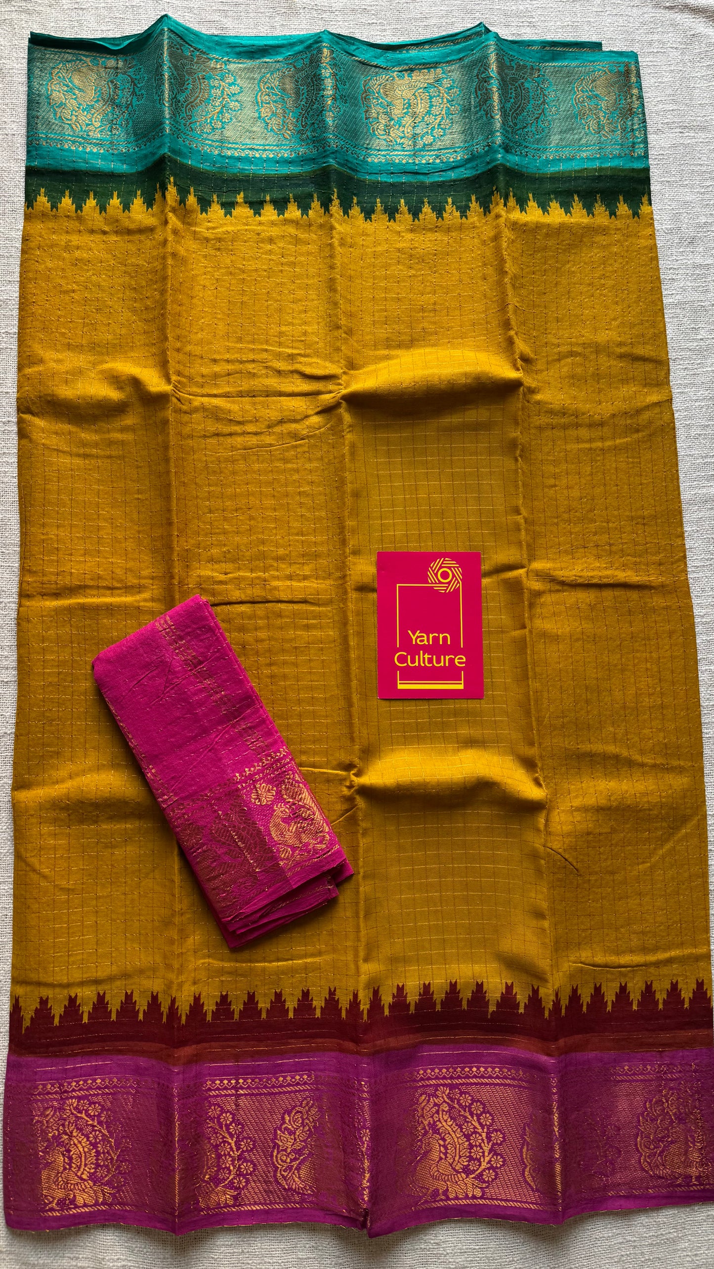 Sungudi cotton checks, mustard yellow base, turquoise and magenta dual tone border, soft cotton - YCCOTNGJJA179