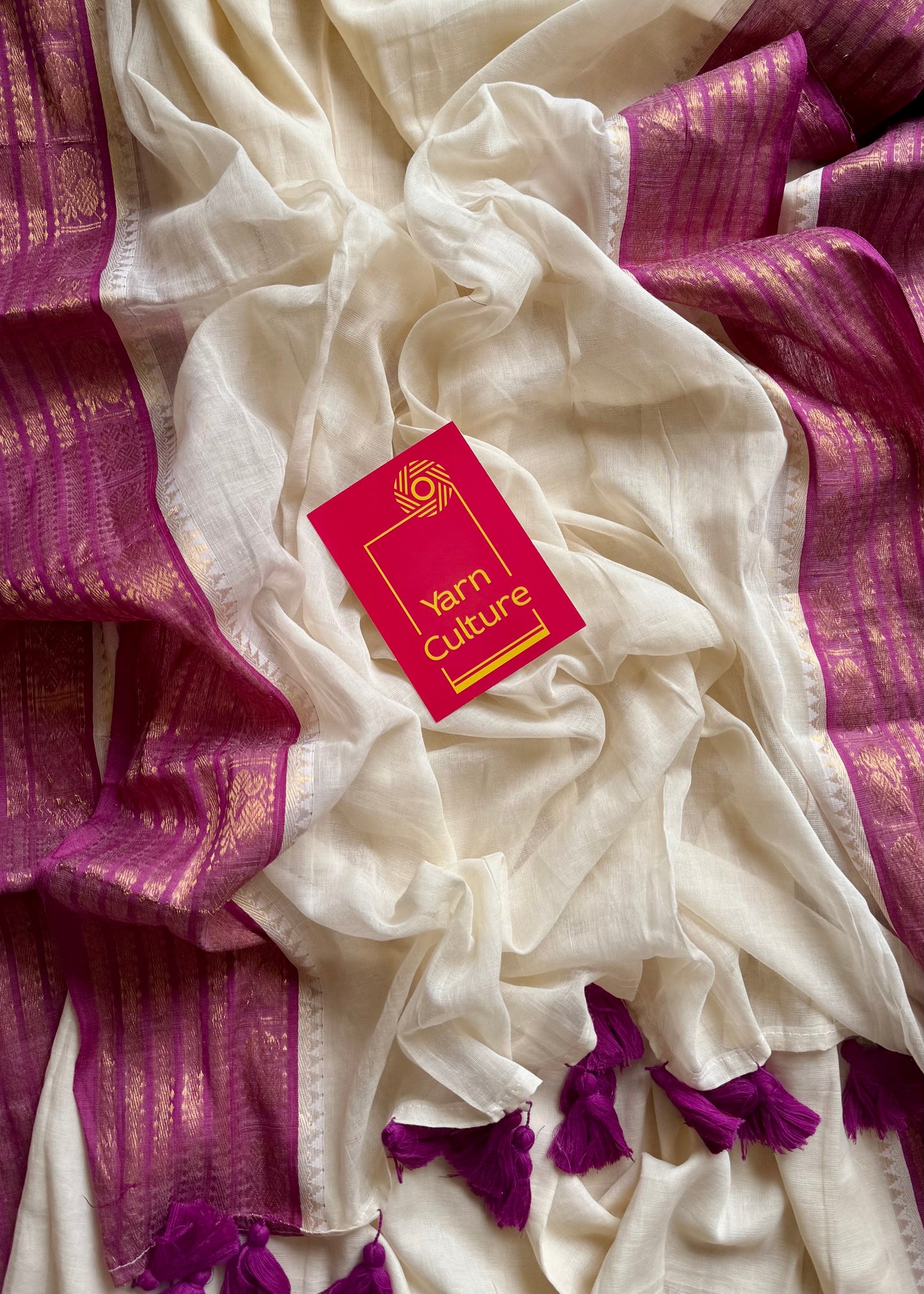 Ivory mul saree, purple pink kanchi border - YCIEON17