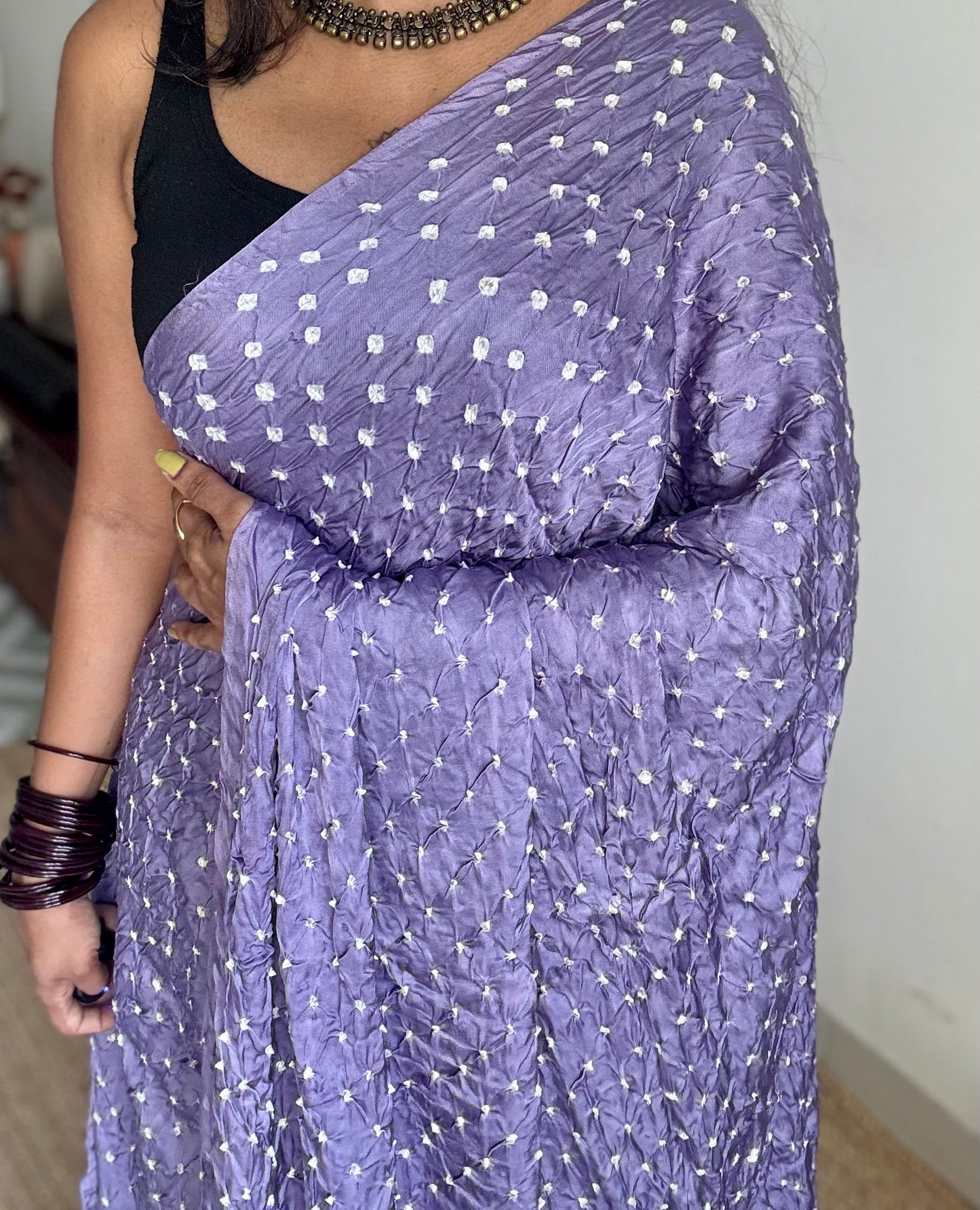 Lavender, crushed bandhej pure modal silk saree with lagdi patta zari pallu - YCTOKBM331