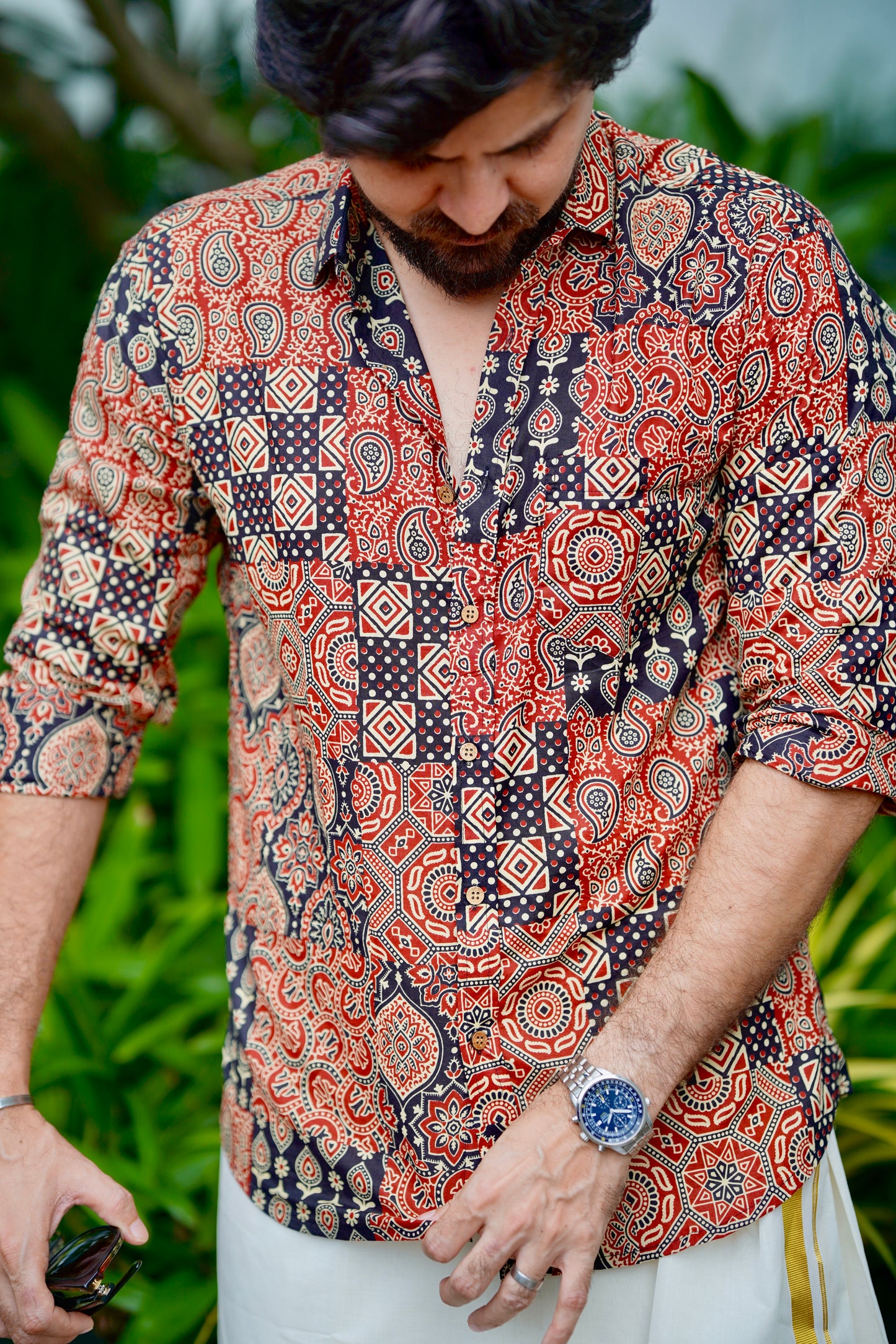 Black Red & White Ajrakh Block Printed Cotton Men's Full Sleeve Collared Shirt -YCMSEIE203
