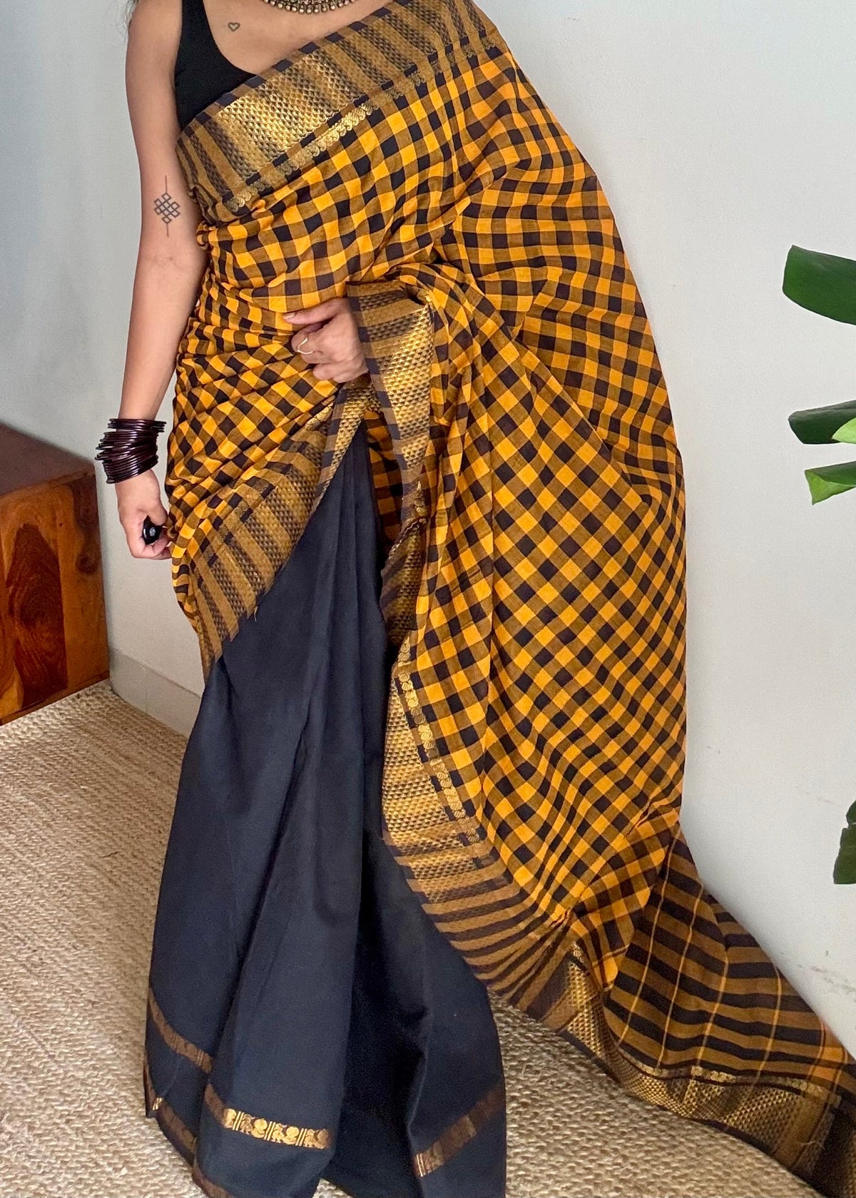 Yellow and black checks with black, sungudi and chettinad cotton half-half saree - YCCOTNIDOC29