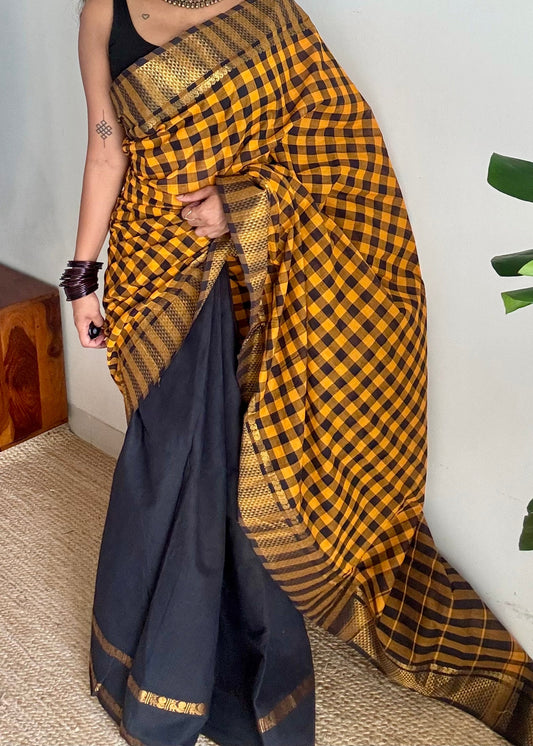 Yellow and black checks with black, sungudi and chettinad cotton half-half saree - YCCOTNIDOC29