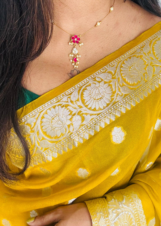 Invisible neckchain with jadau kundan stones & pearl hangings - ruby, white - YCGPNP695