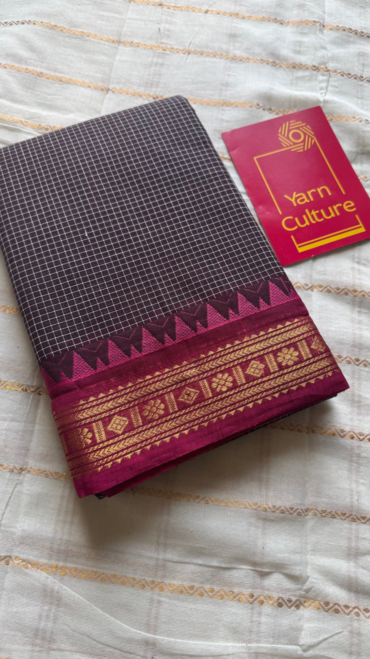 Dark brown with pink contrast, checkered kanchi cotton saree - YCCOTNJU18