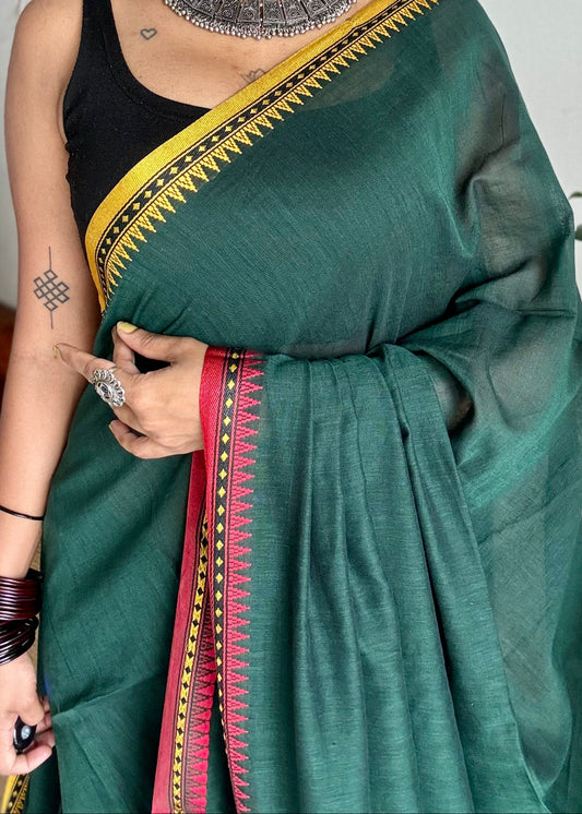 Handloom Bengal soft cotton saree, dark green with yellow and red woven dual tone borders - YCBCMCSE41