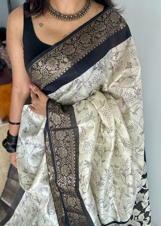 Off white and black, printed kalamkari, bird motif, semi-tussar - YCWOTDSTK06