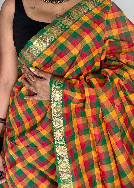 Multicolour Chettinad cotton saree with Paalum Pazhamum checks (green, orange, yellow, brown)- YCCOTNJUCC02
