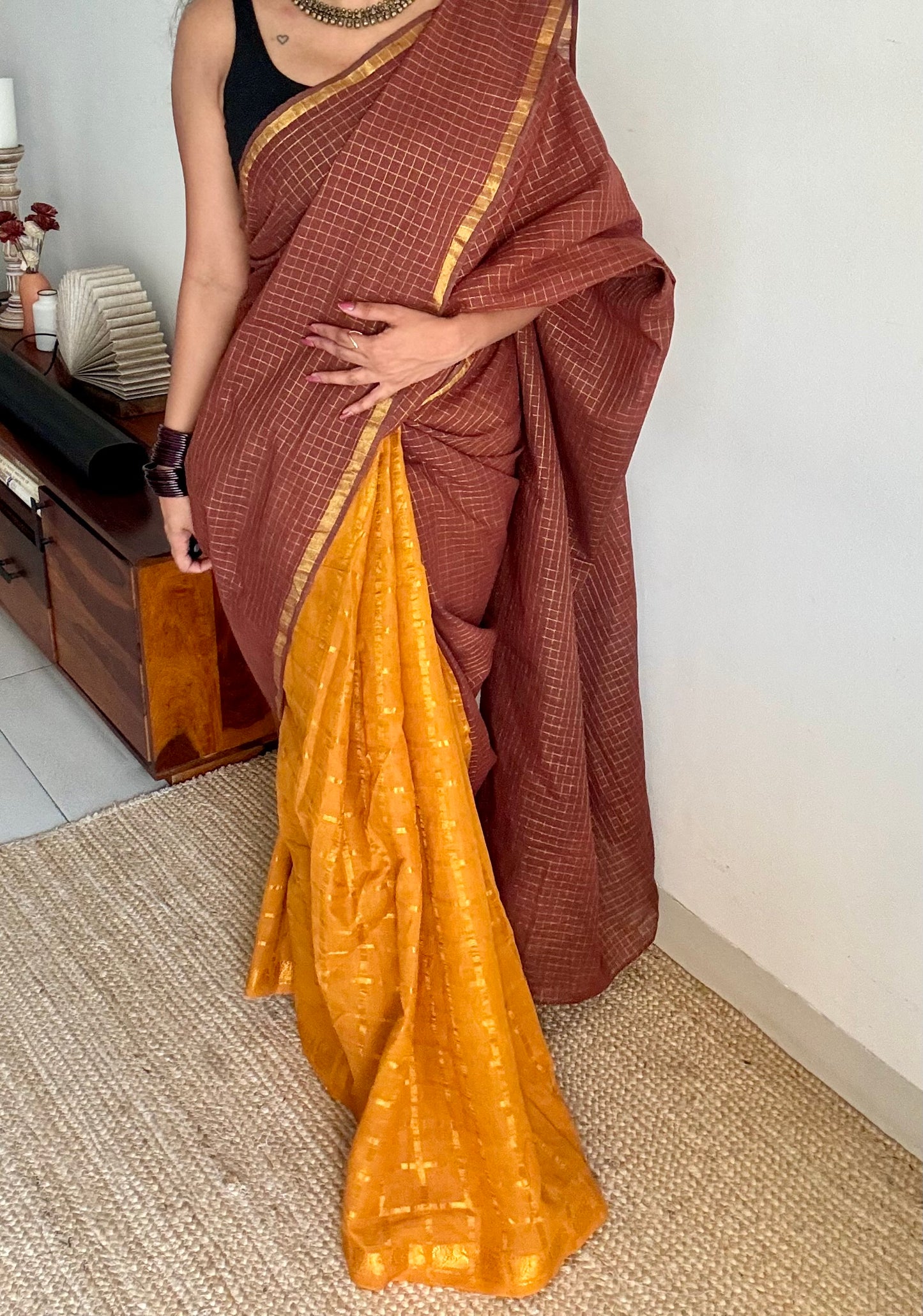 Brown with turmeric yellow, sungudi cotton half-half saree - YCCOTNIDMA315