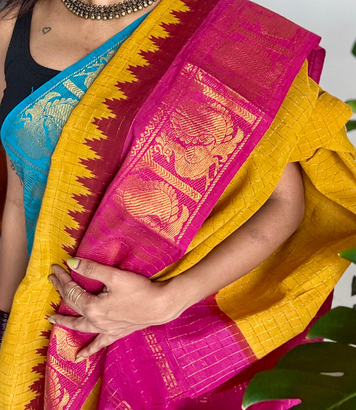Sungudi cotton checks, mustard yellow base, blue and hot pink dual tone border, soft cotton - YCCOTNMSSE10