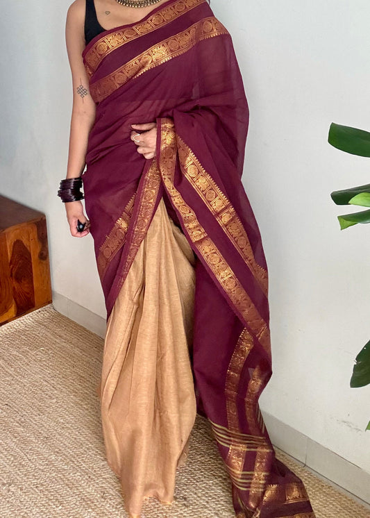 Maroon and cream, sungudi and chettinad cotton half-half saree - YCCOTNIDOC28