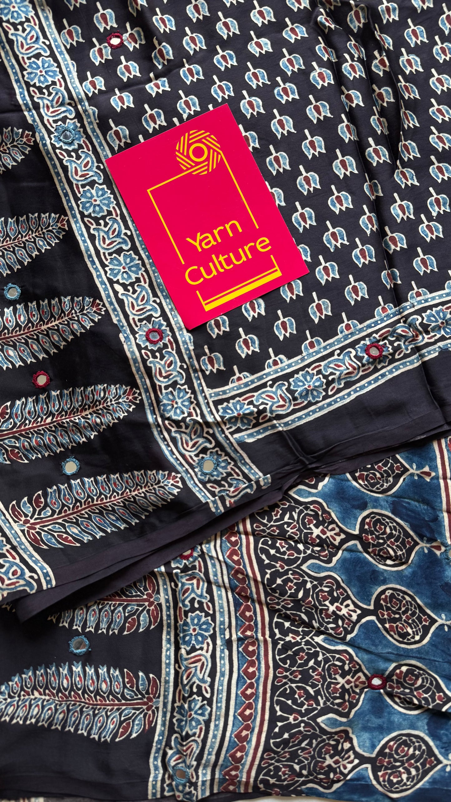 Black pure modal silk saree with ajrakh handblock print and mirror work - YCTOKAJM337