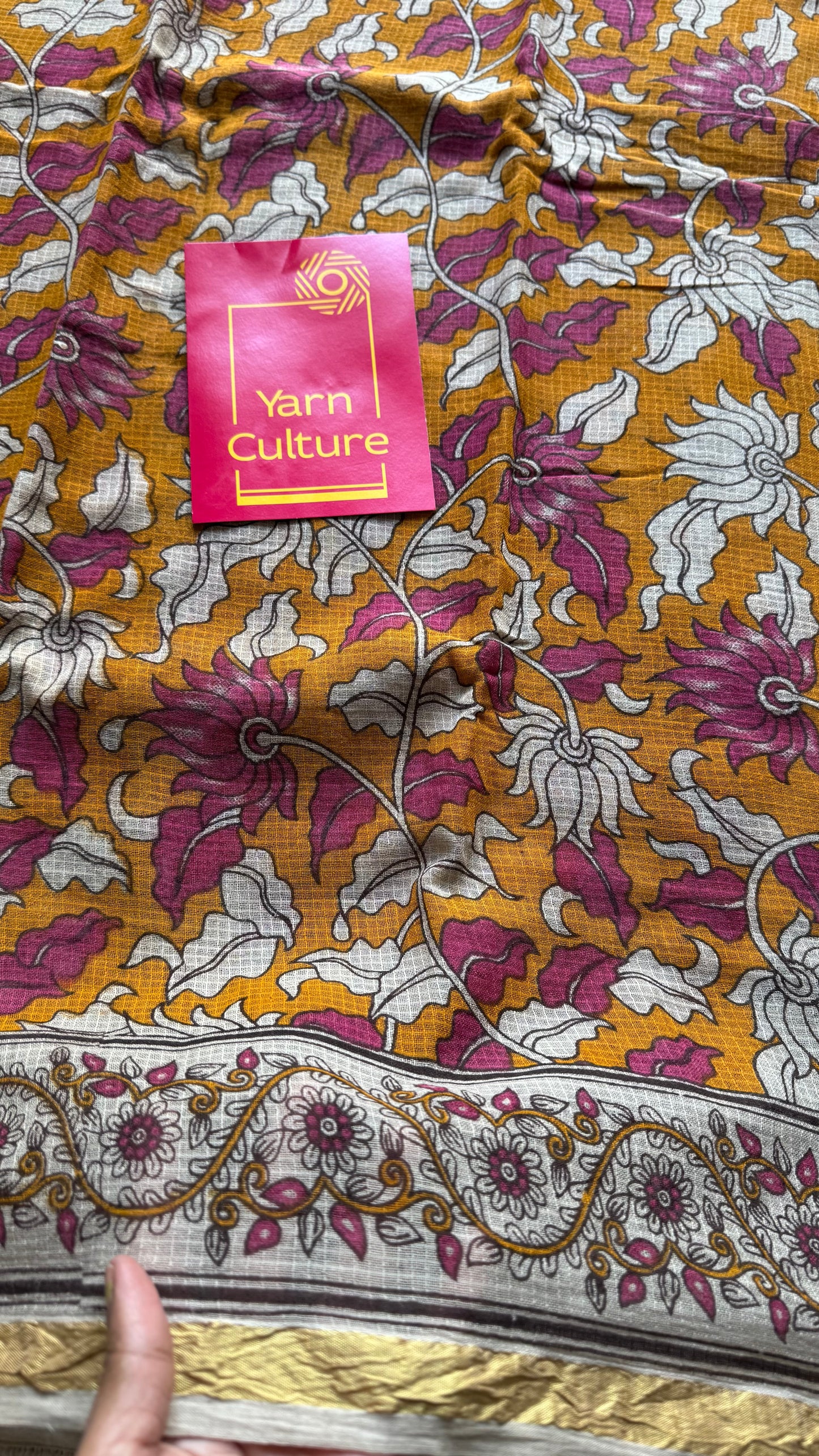 Orange pink kalamkari saree in kota, with zari border - YCWOTDKKFE14