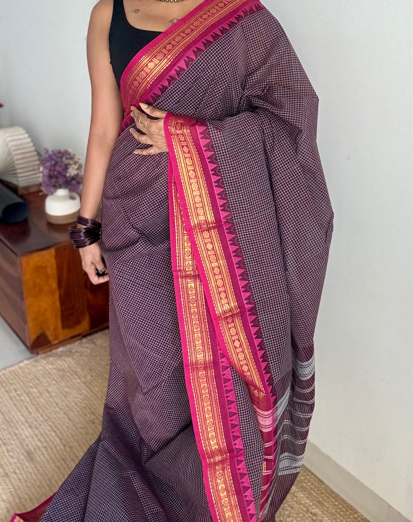 Dark brown with pink contrast, checkered kanchi cotton saree - YCCOTNJU18