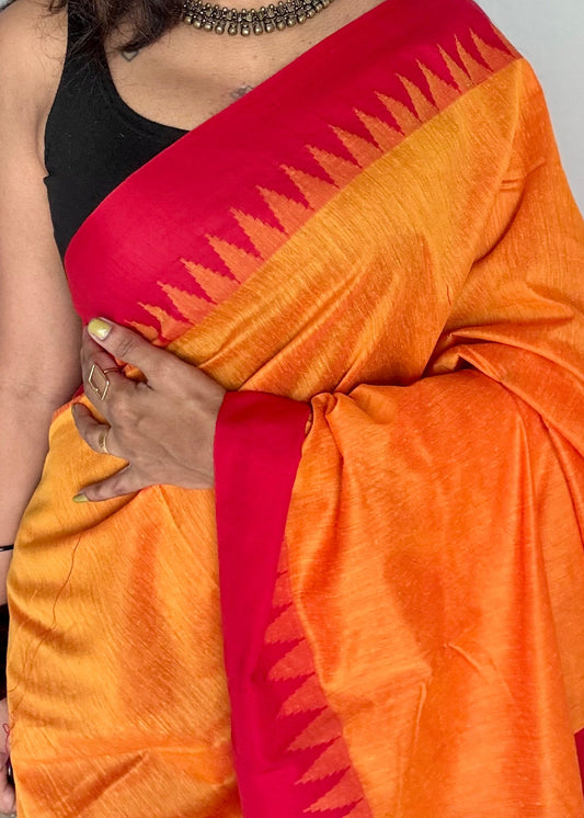 Light orange with red contrast, temple border saree, cotton silk - YCCOTNTBFE55