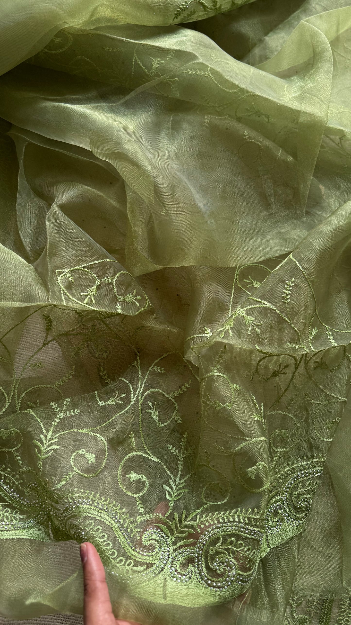 Olive Confetti - green organza, with theadwork and sequins - YCDOSNO32